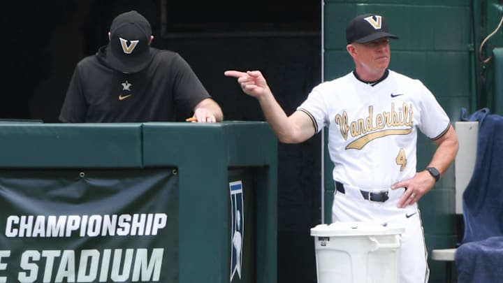 Vanderbilt University Head Coach Tim Corbin during the top of the second inning against Coastal Carolina during the NCAA Clemson Regional baseball game at Doug Kingsmore Stadium.