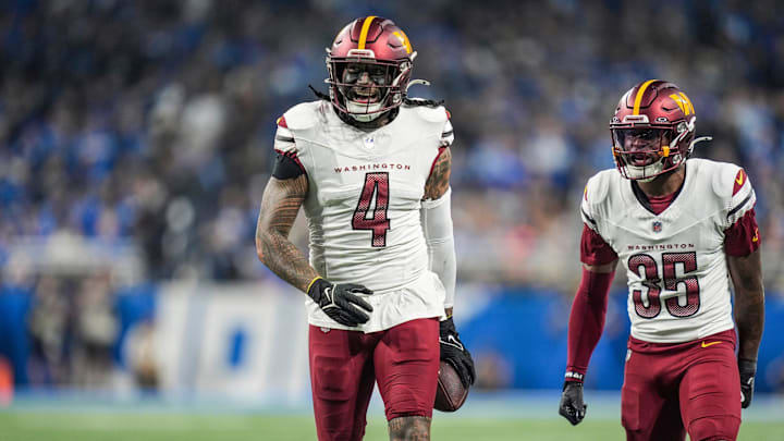 Washington Commanders linebacker Frankie Luvu (4) smiles after a play in the first half against the Detroit Lions in the NFC divisional round at Ford Field in Detroit on Saturday, Jan. 18, 2025. Washington Commanders linebacker Frankie Luvu (4) smiles after a play in the first half against the Detroit Lions in the NFC divisional round at Ford Field in Detroit on Saturday, Jan. 18, 2025.