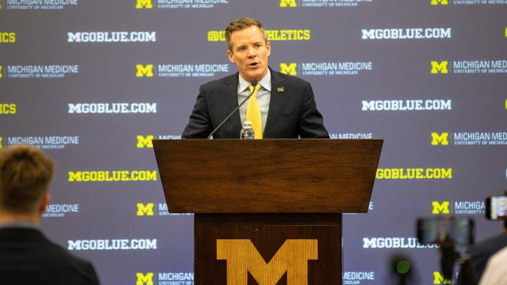 U-M's new men's basketball head coach Dusty May speaks during introductory press conference at Junge Family Champions Center in Ann Arbor on Tuesday, March 26, 2024. U-M's new men's basketball head coach Dusty May speaks during introductory press conference at Junge Family Champions Center in Ann Arbor on Tuesday, March 26, 2024.