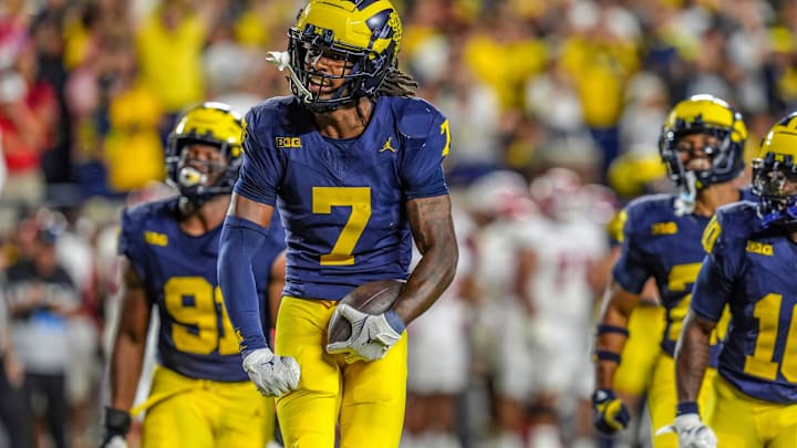 Michigan defensive back Makari Paige (7) runs through the end zone after he thought he made an interception against Fresno State during the second half at Michigan Stadium in Ann Arbor on Saturday, Aug. 31, 2024. Michigan defensive back Makari Paige (7) runs through the end zone after he thought he made an interception against Fresno State during the second half at Michigan Stadium in Ann Arbor on Saturday, Aug. 31, 2024.