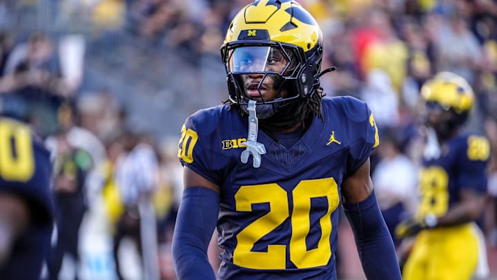 Michigan defensive back Jyaire Hill (20) warms up before the start of the game against Fresno State at Michigan Stadium in Ann Arbor on Saturday, Aug. 31, 2024.