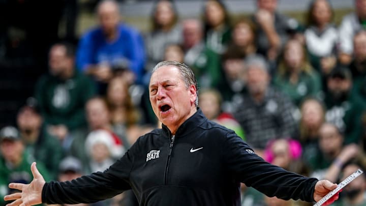 Michigan State's head coach Tom Izzo calls out to players during the first half in the game against Florida Atlantic on Saturday, Dec. 21, 2024, in East Lansing. Michigan State's head coach Tom Izzo calls out to players during the first half in the game against Florida Atlantic on Saturday, Dec. 21, 2024, in East Lansing.