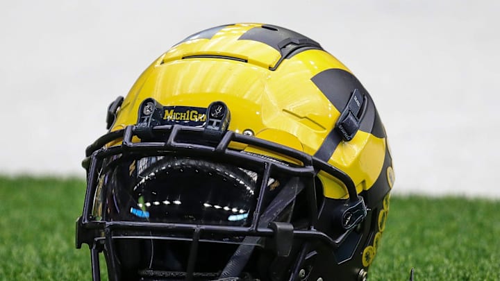 A Michigan football helmet on the sideline during open practice at NRG Stadium in Houston, Texas on Saturday, Jan. 6, 2024.