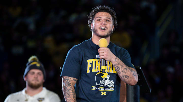 Michigan running back Blake Corum speaks during the national championship celebration at Crisler Center in Ann Arbor on Saturday, Jan. 13, 2024.