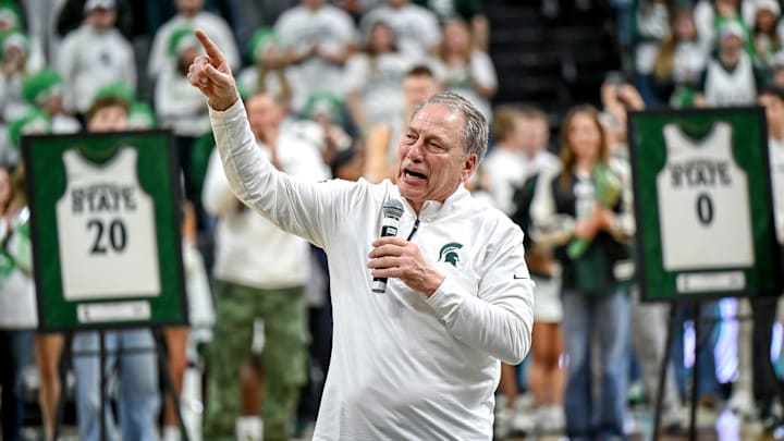 Michigan State's head coach Tom Izzo talks to the fans during the senior night ceremony after the Spartans win over Rutgers on Thursday, March 5, 2026, at the Breslin Center in East Lansing.
