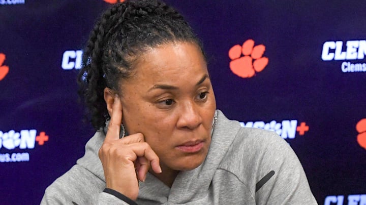 South Carolina Coach Dawn Staley listens to a question from the media after the game with Clemson at Littlejohn Coliseum Wednesday, November 20, 2024; Clemson, SC, USA.