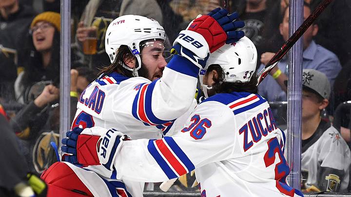 Jan 8, 2019; Las Vegas, NV, USA; New York Rangers center Mika Zibanejad (93) celebrates with New York Rangers right wing Mats Zuccarello (36) after scoring a third period goal against the Vegas Golden Knights at T-Mobile Arena. Mandatory Credit: Stephen R. Sylvanie-Imagn Images