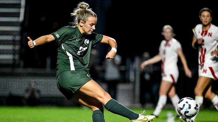 Michigan State's Ella Janz scores a goal against Nebraska during the second half on Thursday, Sept. 19, 2024, at DeMartin Stadium in East Lansing.