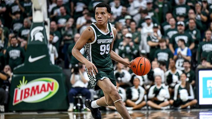 Michigan State's Divine Ugochukwu moves the ball agains tNorthwestern during the first half on Thursday, Jan. 8, 2026, at the Breslin Center in East Lansing.