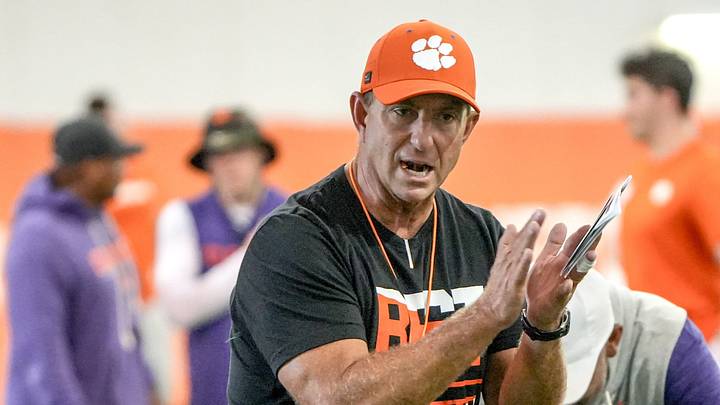Clemson head coach Dabo Swinney encourages his players stretching during practice in the at the Allen N. Reeves Sports Complex in Clemson, S.C. Thursday, August 6, 2026. Clemson head coach Dabo Swinney encourages his players stretching during practice in the at the Allen N. Reeves Sports Complex in Clemson, S.C. Thursday, August 6, 2026.