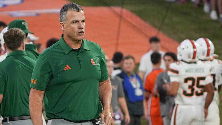 Miami Hurricanes Head Coach Mario Cristobal during warm up time before kickoff at Memorial Stadium in Clemson at Memorial Stadium Saturday, October 3, 2026.