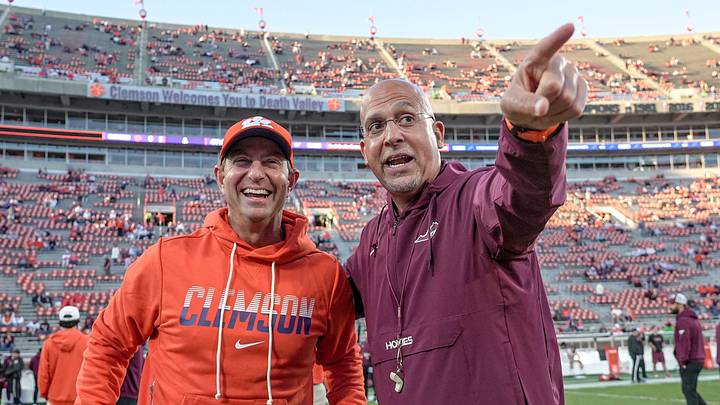 Clemson head coach Dabo Swinney and Virginia Tech Hokies Head Coach James Franklin greet each other with lively conversation during warm up time before kickoff with Clemson and Virginia Tech at Memorial Stadium in Clemson, S.C. Saturday, Oct 24, 2026.