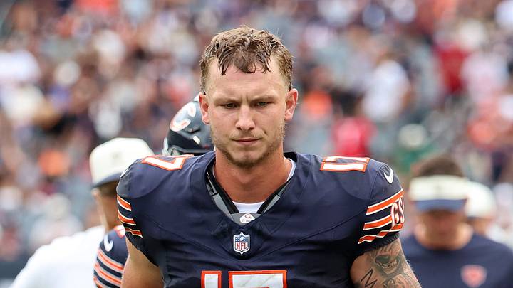 Aug 15, 2026; Chicago, Illinois, USA; Chicago Bears quarterback Tyson Bagent (17) during the first half at Soldier Field. Mandatory Credit: Mike Dinovo-Imagn Images