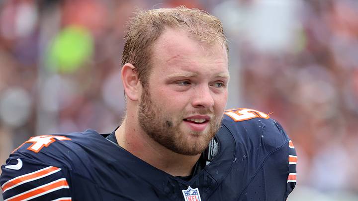 Aug 15, 2026; Chicago, Illinois, USA; Chicago Bears center Logan Jones (54) during the first half at Soldier Field. Mandatory Credit: Mike Dinovo-Imagn Images