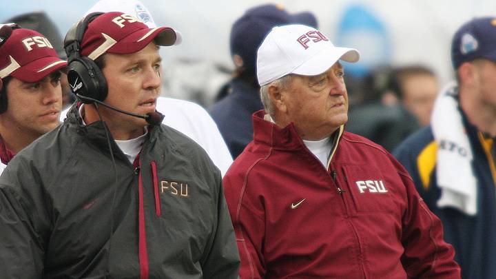 KELLY JORDAN/The Times-Union--010110--Legendary Florida State University football coach Bobby Bowden, along with new FSU head coach Jimbo Fisher watch the ofeense during his final game against West Virginia at Jacksonville Municipal Stadium for the Gator Bowl Friday January 1, 2010.(The Florida Times-Union, Kelly Jordan)

Spt 21gatorbowlbowde