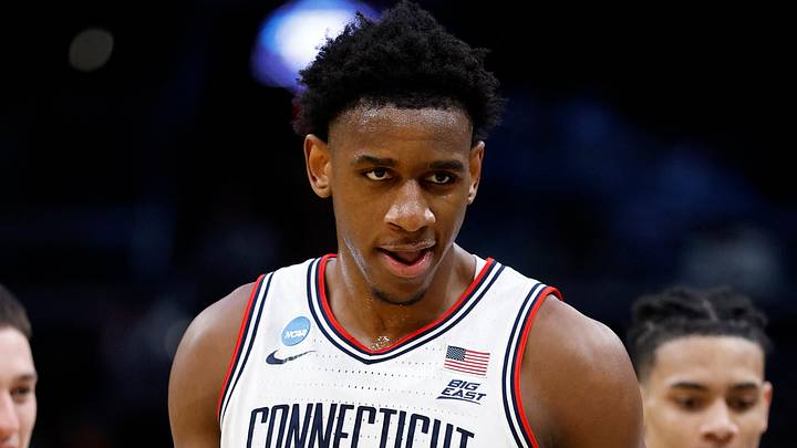 Mar 27, 2026; Washington, DC, USA; UConn Huskies forward Tarris Reed Jr. (5) reacts against the Michigan State Spartans  in the first half during a Sweet Sixteen game of the East Regional of the men's 2026 NCAA Tournament at Capital One Arena. Mandatory Credit: Amber Searls-Imagn Images