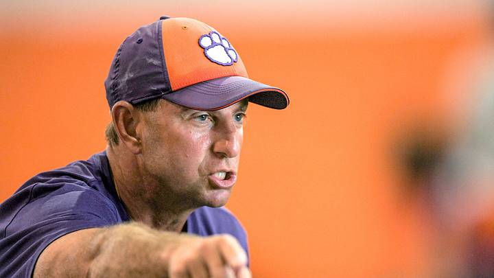 Clemson head coach Dabo Swinney talks with a group of receivers during Dabo Swinney Football Camp 2021 in Clemson, S.C. Thursday, June 10, 2021.

Dabo Swinney Football Camp 2021