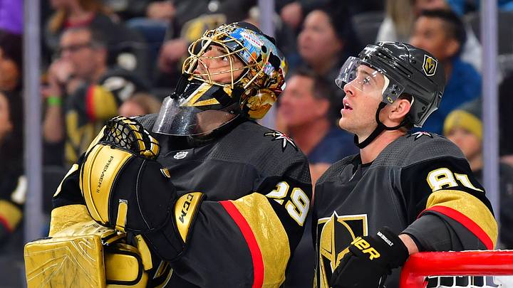 Feb 22, 2020; Las Vegas, Nevada, USA; Vegas Golden Knights goaltender Marc-Andre Fleury (29) and center Jonathan Marchessault (81) view a replay of a third period Florida Panthers goal during a Vegas challenge at T-Mobile Arena. Mandatory Credit: Stephen R. Sylvanie-USA TODAY Sports Feb 22, 2020; Las Vegas, Nevada, USA; Vegas Golden Knights goaltender Marc-Andre Fleury (29) and center Jonathan Marchessault (81) view a replay of a third period Florida Panthers goal during a Vegas challenge at T-Mobile Arena. Mandatory Credit: Stephen R. Sylvanie-USA TODAY Sports