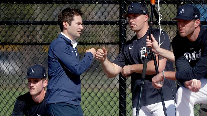 Tigers president of baseball operations Scott Harris fist bumps pitcher Tarik Skubal during bullpen sessions during spring training on Thursday, Feb. 16, 2023, in Lakeland, Florida.

Tigers4 021523 Kd2290