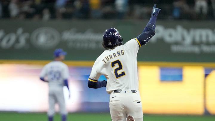 Milwaukee Brewers second baseman Brice Turang (2) celebrates a home run during the fourth inning of their National League Championship Series game against the Los Angeles Dodgers at American Family Field on Oct 11, 2026. Milwaukee Brewers second baseman Brice Turang (2) celebrates a home run during the fourth inning of their National League Championship Series game against the Los Angeles Dodgers at American Family Field on Oct 11, 2026.