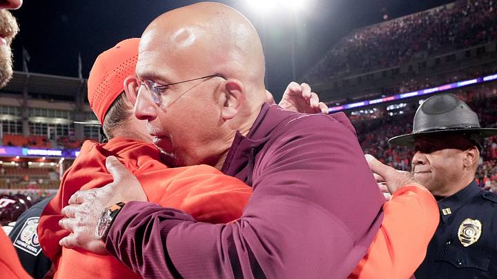 Clemson head coach Dabo Swinney and Virginia Tech head coach James Franklin congratulate each other on the game played at Memorial Stadium on Saturday, October 24, 2026. Virginia Tech won 20-16. Clemson head coach Dabo Swinney and Virginia Tech head coach James Franklin congratulate each other on the game played at Memorial Stadium on Saturday, October 24, 2026. Virginia Tech won 20-16.