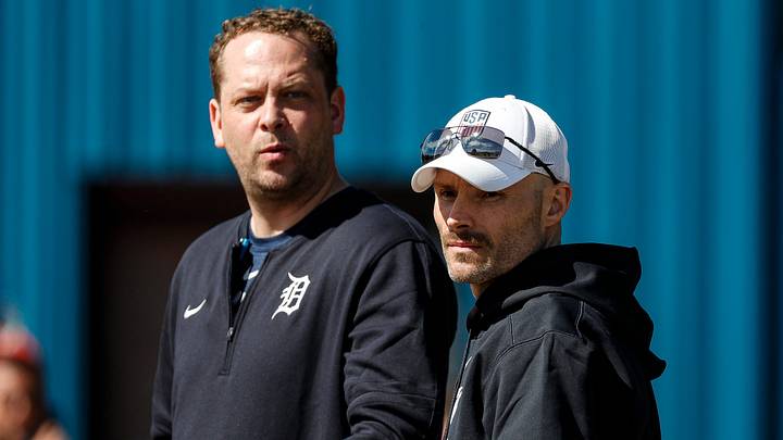 Detroit Tigers major league video coordinator Austin Tripp and vice president, assistant General Manager Jay Sartori during spring training at Tigertown in Lakeland, Fla. on Wednesday, Feb. 14, 2024. Detroit Tigers major league video coordinator Austin Tripp and vice president, assistant General Manager Jay Sartori during spring training at Tigertown in Lakeland, Fla. on Wednesday, Feb. 14, 2024.