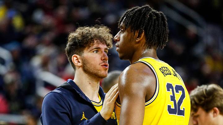 Michigan forward Harrison Hochberg, left, talks to center Tarris Reed Jr. at a timeout during the second half of U-M's 85-70 loss to Nebraska on Sunday, March 10, 2024, at Crisler Center. Michigan forward Harrison Hochberg, left, talks to center Tarris Reed Jr. at a timeout during the second half of U-M's 85-70 loss to Nebraska on Sunday, March 10, 2024, at Crisler Center.