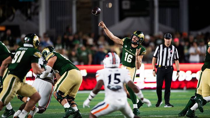 Colorado State's Brayden Fowler-Nicolosi throws a pass down field during an NCAA football game against UTSA Colorado State's Brayden Fowler-Nicolosi throws a pass down field during an NCAA football game against UTSA