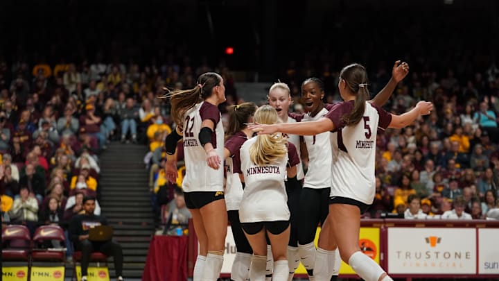 The Gophers volleyball team celebrates scoring a point against Iowa on Saturday, Nov. 23, 2024, at Maturi Pavilion in Minneapolis. 