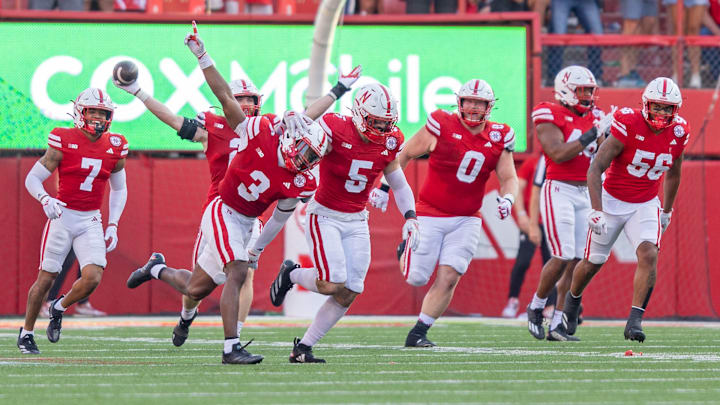 Nebraska defenders celebrate after a goal line stand against Rutgers.