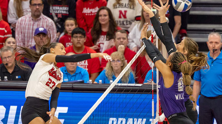 Nebraska outside hitter Harper Murray attacks against Kansas State in the second round of the NCAA Tournament. Murray finished with 10 kills, but also had six errors as the Huskers hit .253 for the match. Nebraska outside hitter Harper Murray attacks against Kansas State in the second round of the NCAA Tournament. Murray finished with 10 kills, but also had six errors as the Huskers hit .253 for the match.