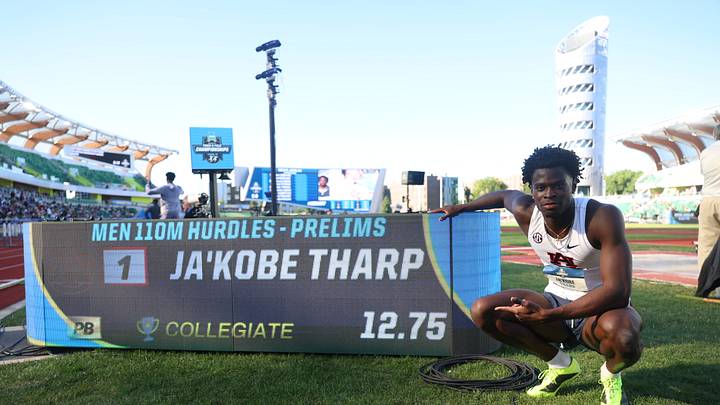 Auburn hurdler Ja'Kobe Tharp broke a 13-year record in the 110-meter hurdles on Wednesday. Auburn hurdler Ja'Kobe Tharp broke a 13-year record in the 110-meter hurdles on Wednesday.