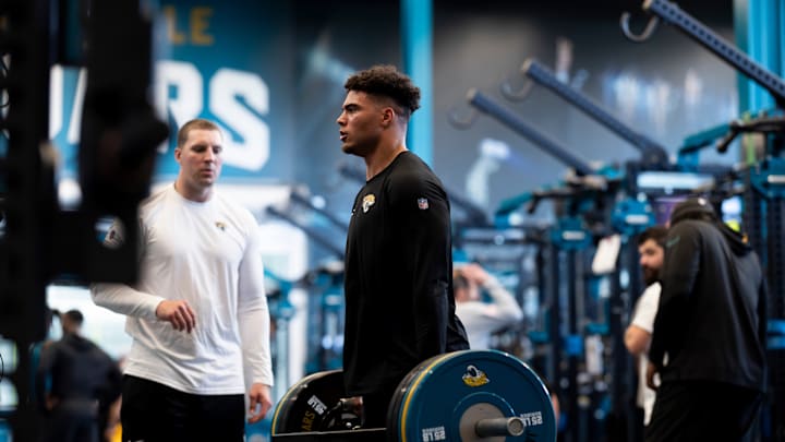Jacksonville Jaguars tight end Brenton Strange during the offseason program. Jacksonville Jaguars tight end Brenton Strange during the offseason program.