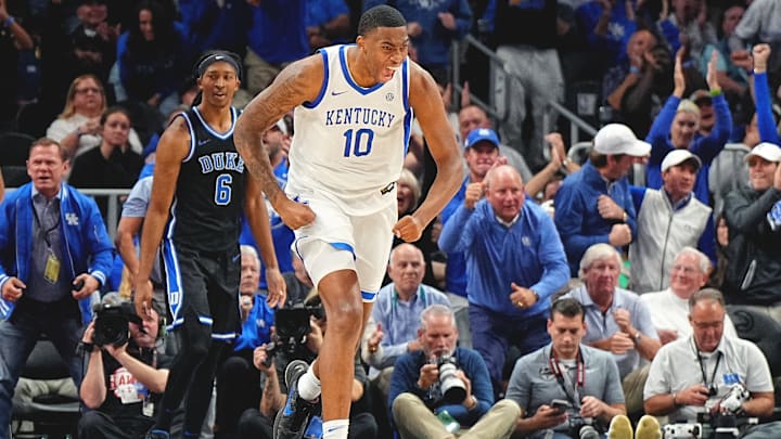 Kentucky Wildcats forward Brandon Garrison celebrates during Tuesday’s Champions Classic win over the Duke Blue Devils.