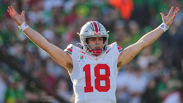 Ohio State quarterback Will Howard celebrates during the Rose Bowl.