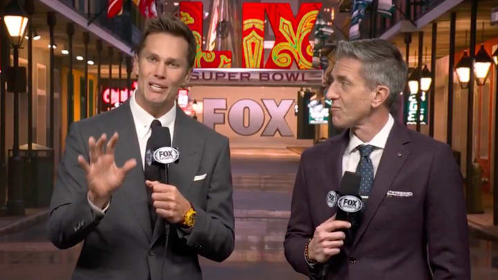 Tom Brady and Kevin Burkhardt ahead of Super Bowl LIX.