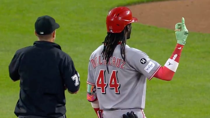 Elly De La Cruz tries to confirm a home run. 