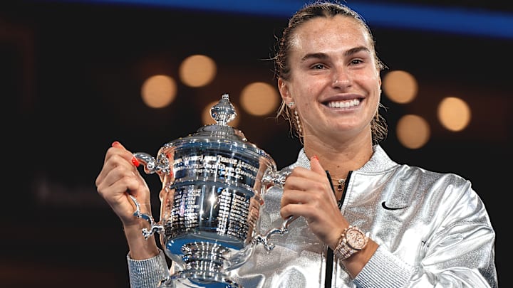 Aryna Sabalenka celebrates her win over Amanda Anisimova in the U.S. Open final. Aryna Sabalenka celebrates her win over Amanda Anisimova in the U.S. Open final.