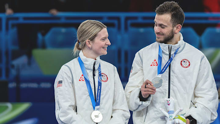 Cory Thiesse (left) and Korey Dropkin (right) won the U.S.’s first medal in mixed doubles curling on Tuesday. 