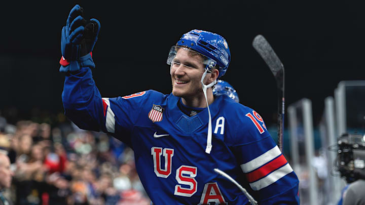 Matthew Tkachuk celebrates after Team USA wins in overtime against Sweden at the Milan Cortina Olympics. Matthew Tkachuk celebrates after Team USA wins in overtime against Sweden at the Milan Cortina Olympics.