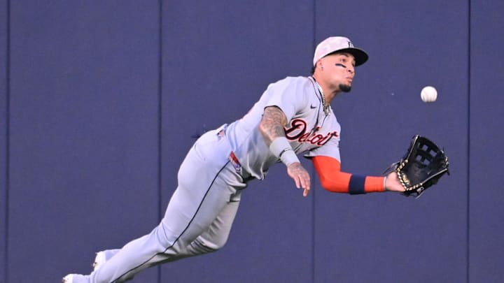 Detroit Tigers center fielder Javier Baez (28) catches a fly ball hit by Toronto Blue Jays right fielder Nathan Lukes (not pictured) in the second inning at Rogers Centre on May 16. Detroit Tigers center fielder Javier Baez (28) catches a fly ball hit by Toronto Blue Jays right fielder Nathan Lukes (not pictured) in the second inning at Rogers Centre on May 16.