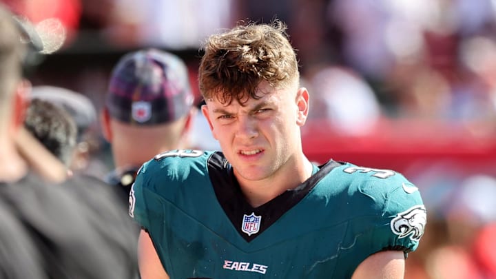 Sep 29, 2024; Tampa, Florida, USA; Philadelphia Eagles cornerback Cooper DeJean (33) looks on against the Tampa Bay Buccaneers during the second half at Raymond James Stadium. Sep 29, 2024; Tampa, Florida, USA; Philadelphia Eagles cornerback Cooper DeJean (33) looks on against the Tampa Bay Buccaneers during the second half at Raymond James Stadium.