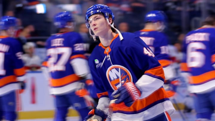 Mar 28, 2026; Elmont, New York, USA; New York Islanders defenseman Matthew Schaefer (48) skates on the ice before a game against the Florida Panthers at UBS Arena. Mandatory Credit: Brad Penner-Imagn Images