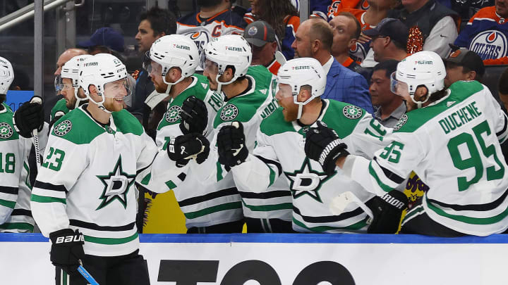May 29, 2024; Edmonton, Alberta, CAN; The Dallas Stars celebrate a goal by defensemen Esa Lindell (23) during the first period against the Edmonton Oilers in game four of the Western Conference Final of the 2024 Stanley Cup Playoffs at Rogers Place. Mandatory Credit: Perry Nelson-USA TODAY Sports