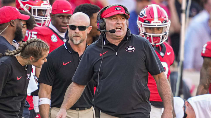 Nov 4, 2023; Athens, Georgia, USA; Georgia Bulldogs head coach Kirby Smart reacts on the sideline during the game against the Missouri Tigers during the first half at Sanford Stadium. Mandatory Credit: Dale Zanine-Imagn Images
