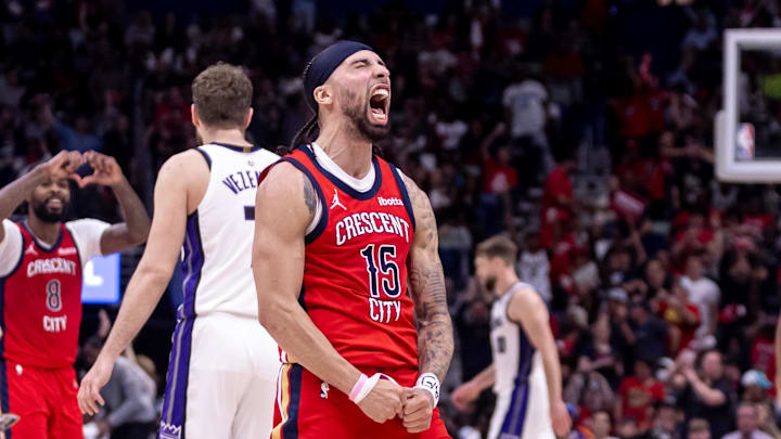 Apr 19, 2024; New Orleans, Louisiana, USA; New Orleans Pelicans guard Jose Alvarado (15) reacts to making a three point basket against the Sacramento Kings in the second half during a play-in game of the 2024 NBA playoffs at Smoothie King Center. Mandatory Credit: Stephen Lew-Imagn Images Apr 19, 2024; New Orleans, Louisiana, USA; New Orleans Pelicans guard Jose Alvarado (15) reacts to making a three point basket against the Sacramento Kings in the second half during a play-in game of the 2024 NBA playoffs at Smoothie King Center. Mandatory Credit: Stephen Lew-Imagn Images