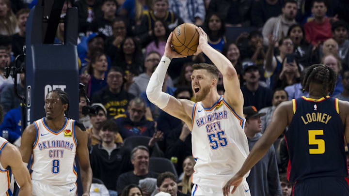 Nov 27, 2024; San Francisco, California, USA; Oklahoma City Thunder center Isaiah Hartenstein (55) reacts during the first half of the game against the Golden State Warriors at Chase Center. Mandatory Credit: John Hefti-Imagn Images