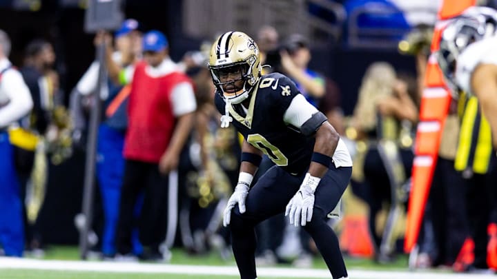 Jan 7, 2024; New Orleans, Louisiana, USA; New Orleans Saints safety Ugo Amadi (0) looks on against the Atlanta Falcons during the first half at Caesars Superdome. Mandatory Credit: Stephen Lew-Imagn Images Jan 7, 2024; New Orleans, Louisiana, USA; New Orleans Saints safety Ugo Amadi (0) looks on against the Atlanta Falcons during the first half at Caesars Superdome. Mandatory Credit: Stephen Lew-Imagn Images