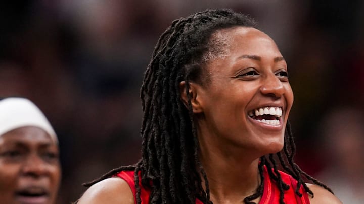 Indiana Fever guard Mitchell (0) smiles during a game between the Indiana Fever and the Las Vegas Aces at Gainbridge Fieldhouse in Indianapolis.