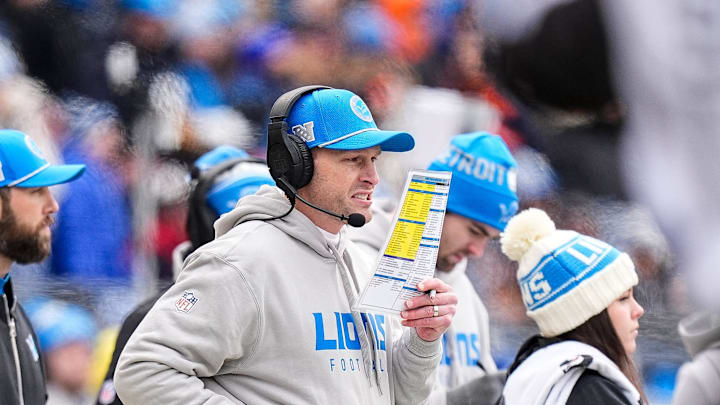 Detroit Lions offensive coordinator Ben Johnson watches a play against Chicago Bears during the first half at Soldier Field in Chicago, Ill. on Sunday, Dec. 22, 2024.